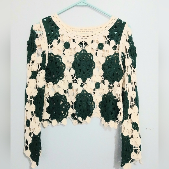 Rebellion Tops - Rebellion Crochet Floral Lace Long-Sleeve Top - Cream and Dark Green